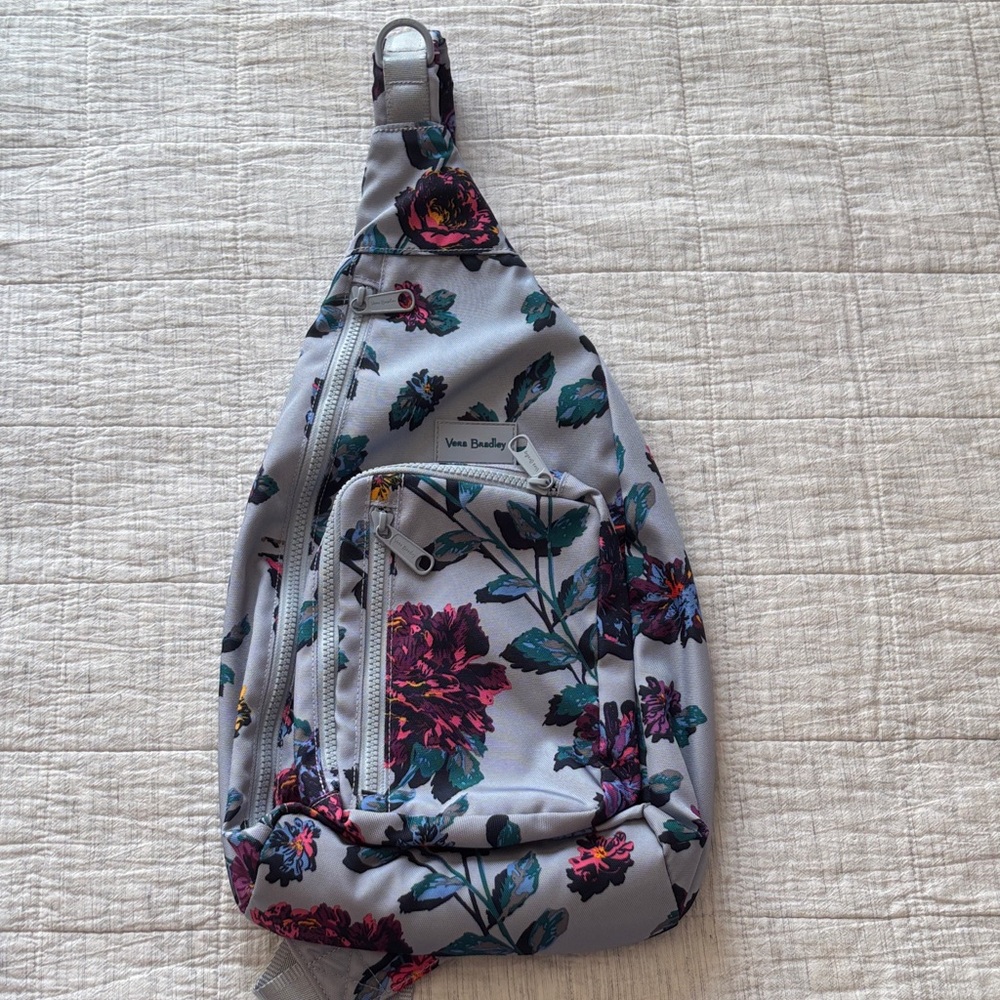 Vera Bradley Floral Sling Backpack, Light Blue Background, Pink & Teal Blooms